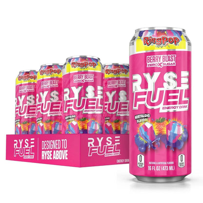 RYSE Fuel Energy Drink, Sugar-Free, Vegan, Gluten-Free, Low Calorie, No Artificial Colors (Ring Pop Berry Blast, 12 Pack, 200mg Caffeine)