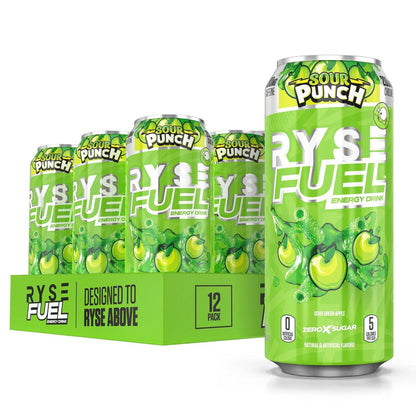 RYSE Fuel Sugar-Free Energy Drink, Vegan, Gluten-Free, Low Calorie, No Artificial Colors (Sour Punch Green Apple, 12 Pack)