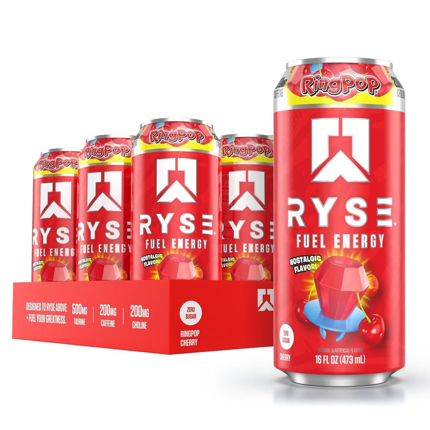 RYSE Fuel Sugar-Free Energy Drink, Vegan, 200mg Caffeine (12 Pack, Cherry)