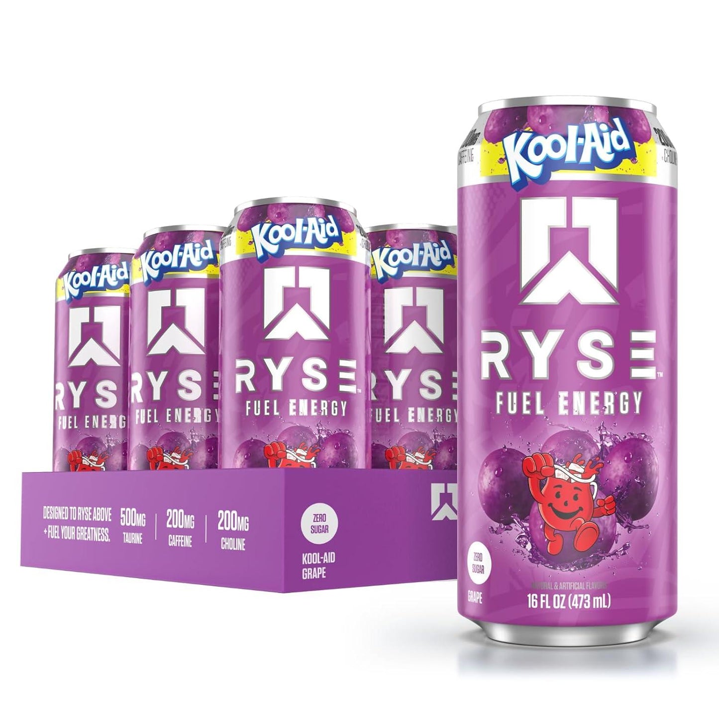 RYSE Fuel Sugar-Free Energy Drink, Vegan & Gluten-Free (12 Pack, Kool Aid Grape)