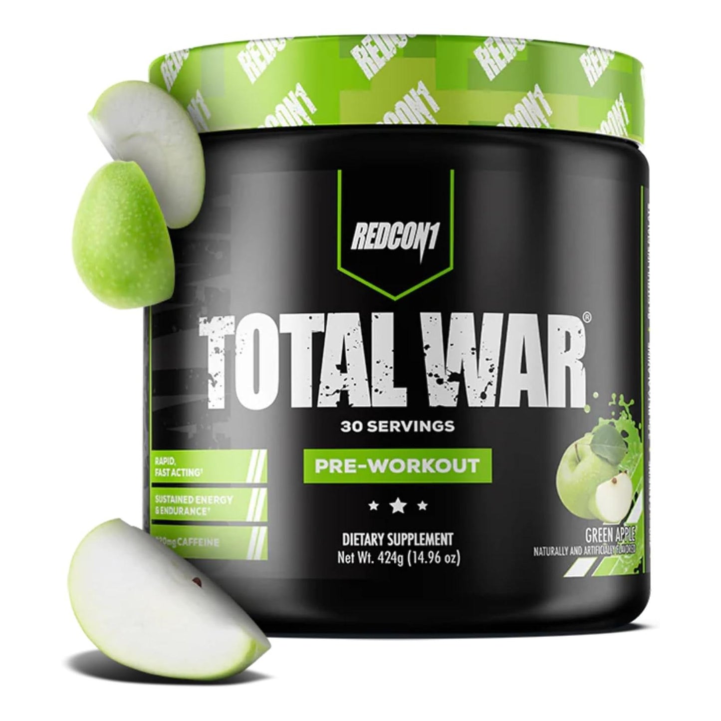 REDCON1 Total War Pre Workout, Green Apple - Caffeinated, Beta Alanine (30 Servings)