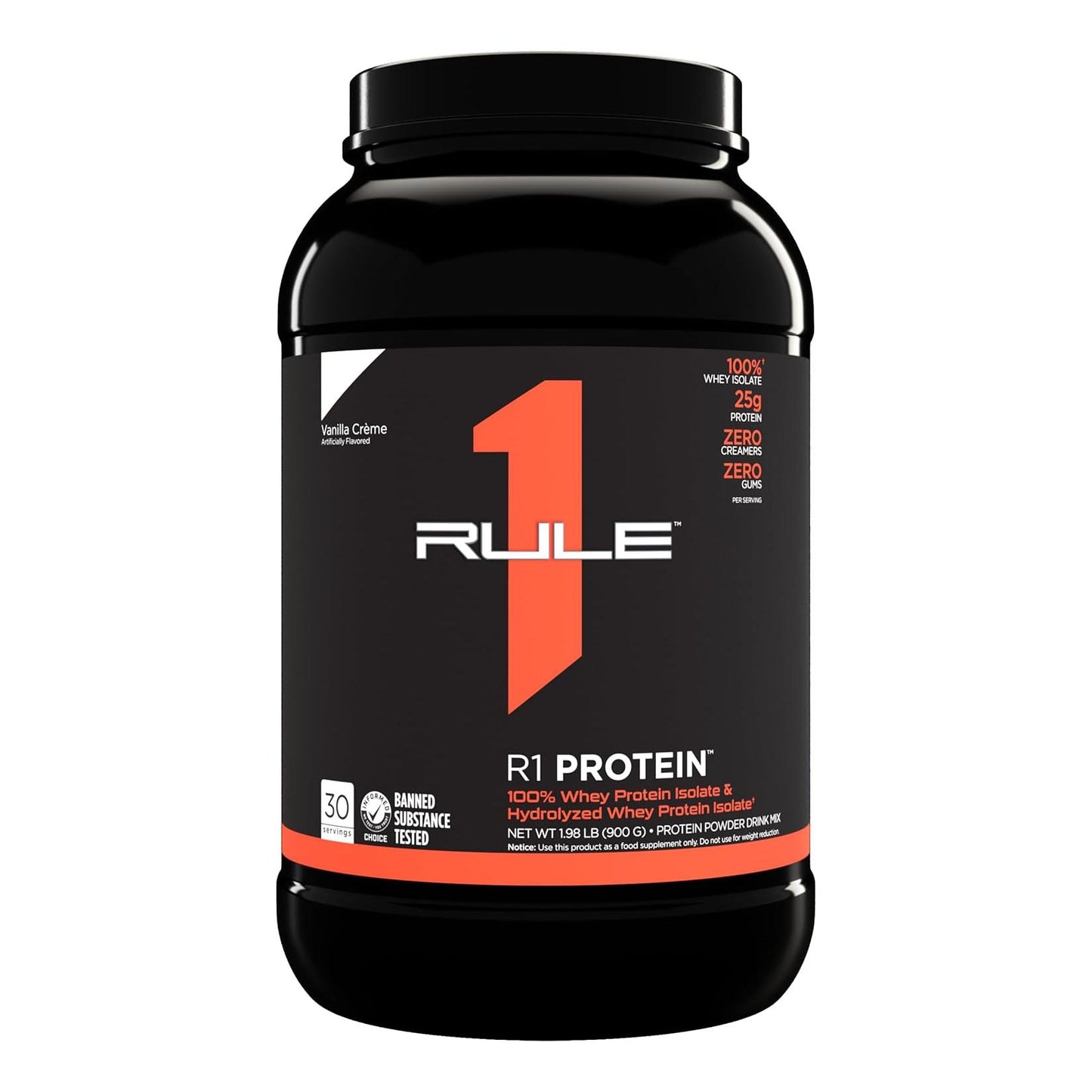 R1 Protein Powder - 25g, 100% Isolate, Hydrolysate, 6g BCAAs (2lbs, Vanilla Créme)