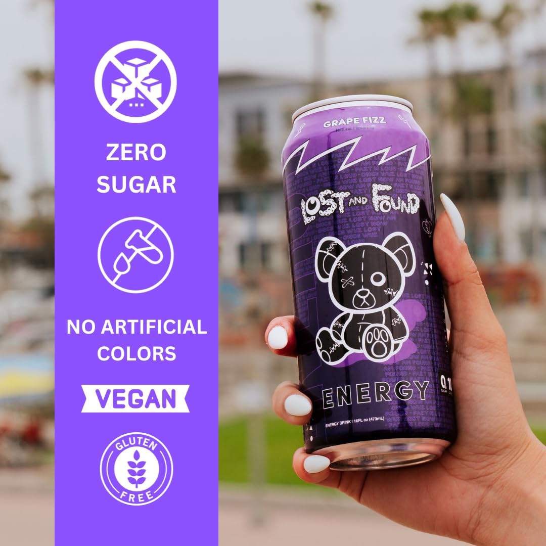 Lost and Found Sugar-Free Energy Drink, 150mg Caffeine, Vegan (12-Pack, 16oz)