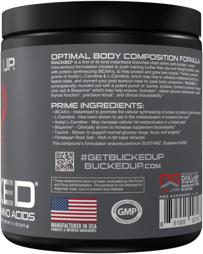 Bucked Up RACKED™ BCAAs with L-Carnitine for Post-Workout Recovery (30 Servings, Blood Raz)