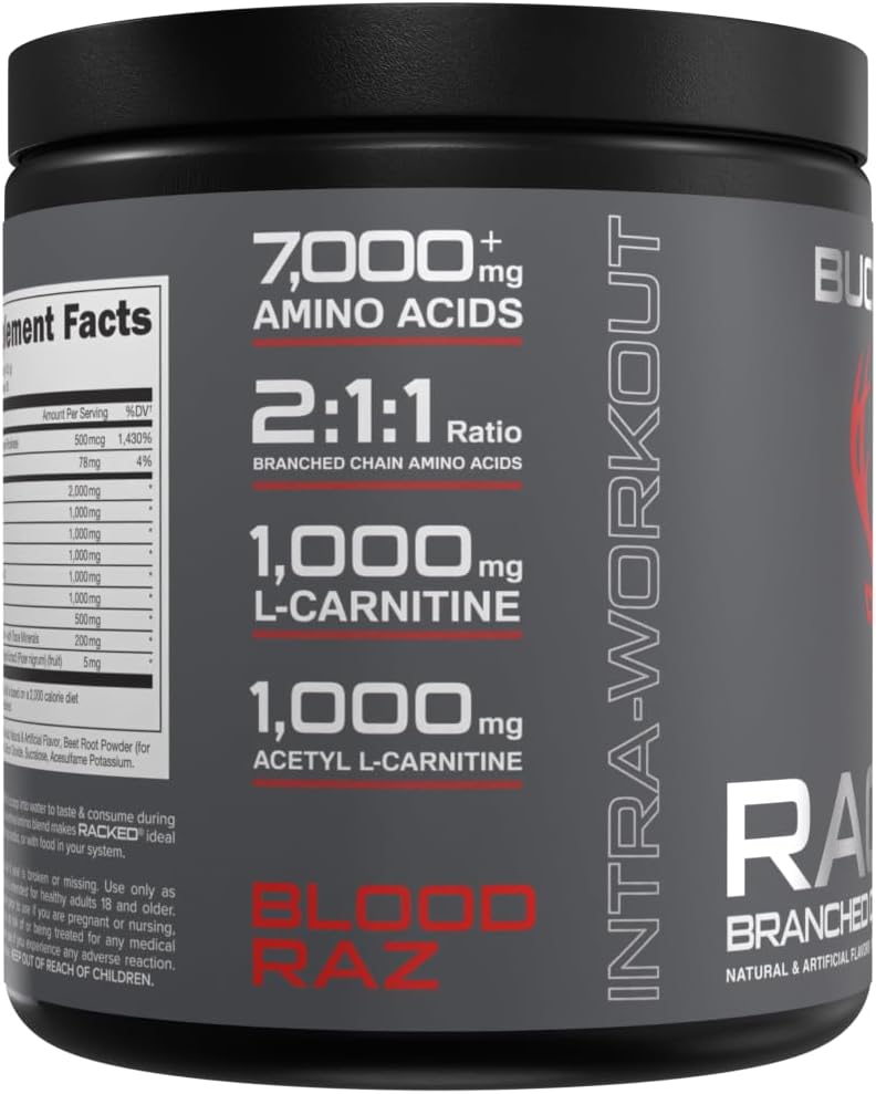 Bucked Up RACKED™ BCAAs with L-Carnitine for Post-Workout Recovery (30 Servings, Blood Raz)