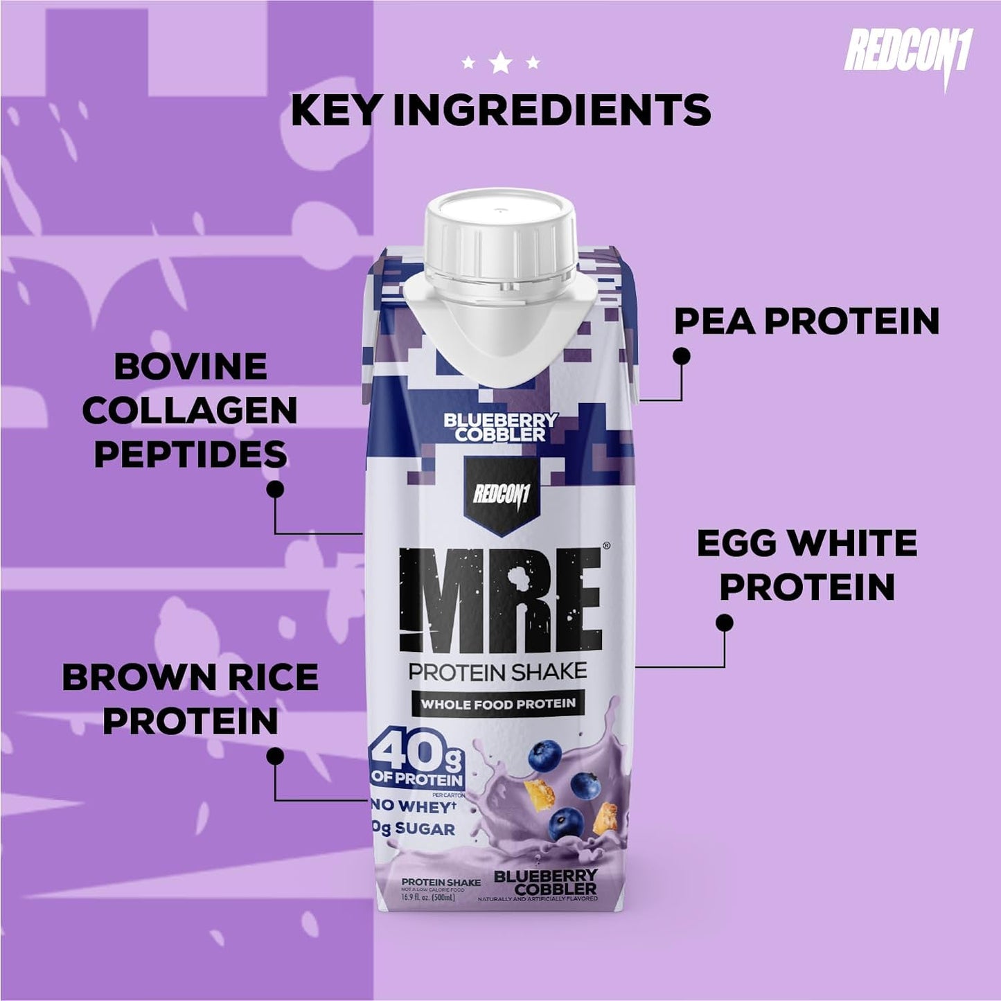 REDCON1 MRE Protein Shake, Blueberry Cobbler - Keto, Whey-Free (12 Pack)