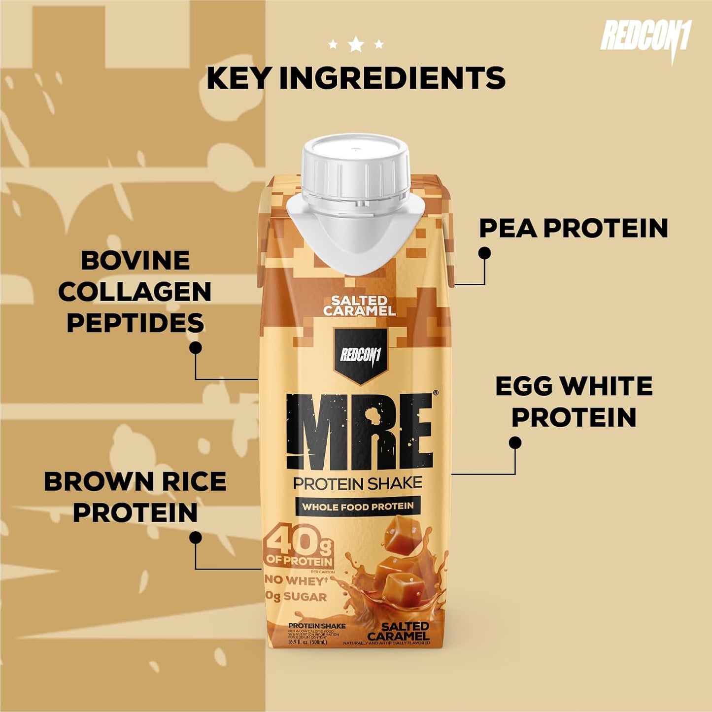 REDCON1 MRE Protein Shakes, Salted Caramel - Whole Food, Sugar-Free (12 Pack)