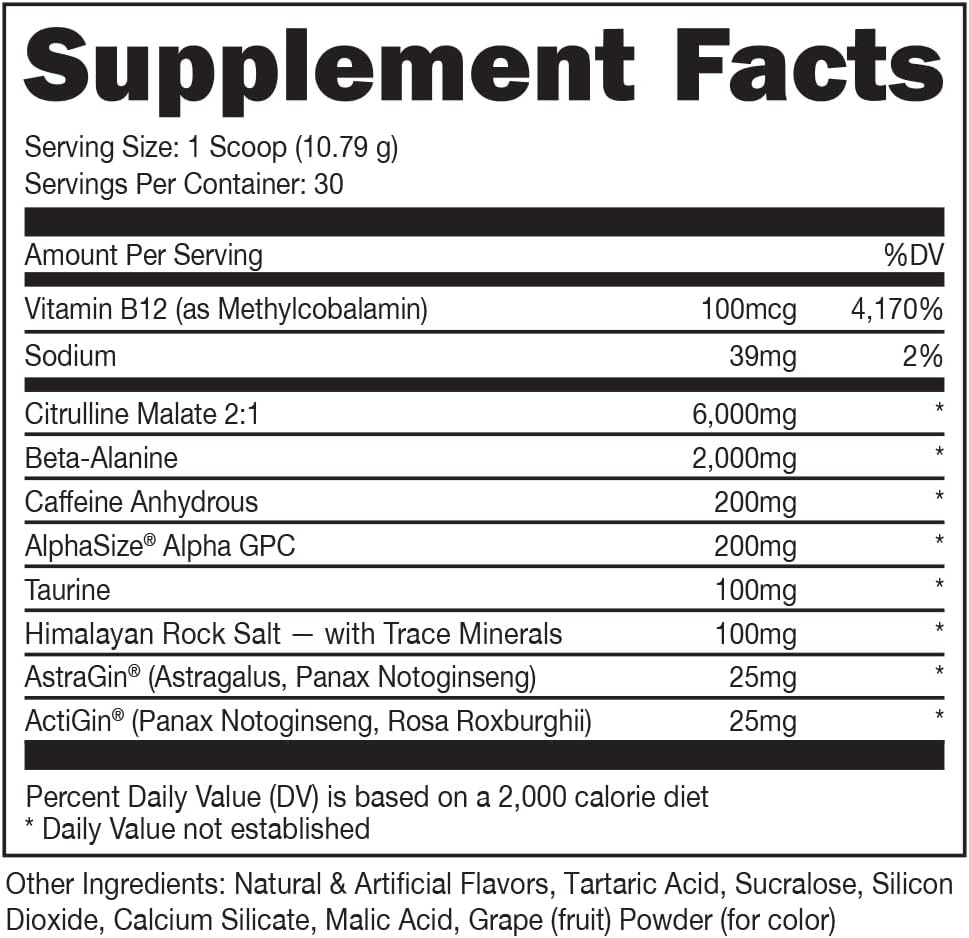 Bucked Up Pre Workout - Citrulline, Beta Alanine, 3 Patented Ingredients (Grape)