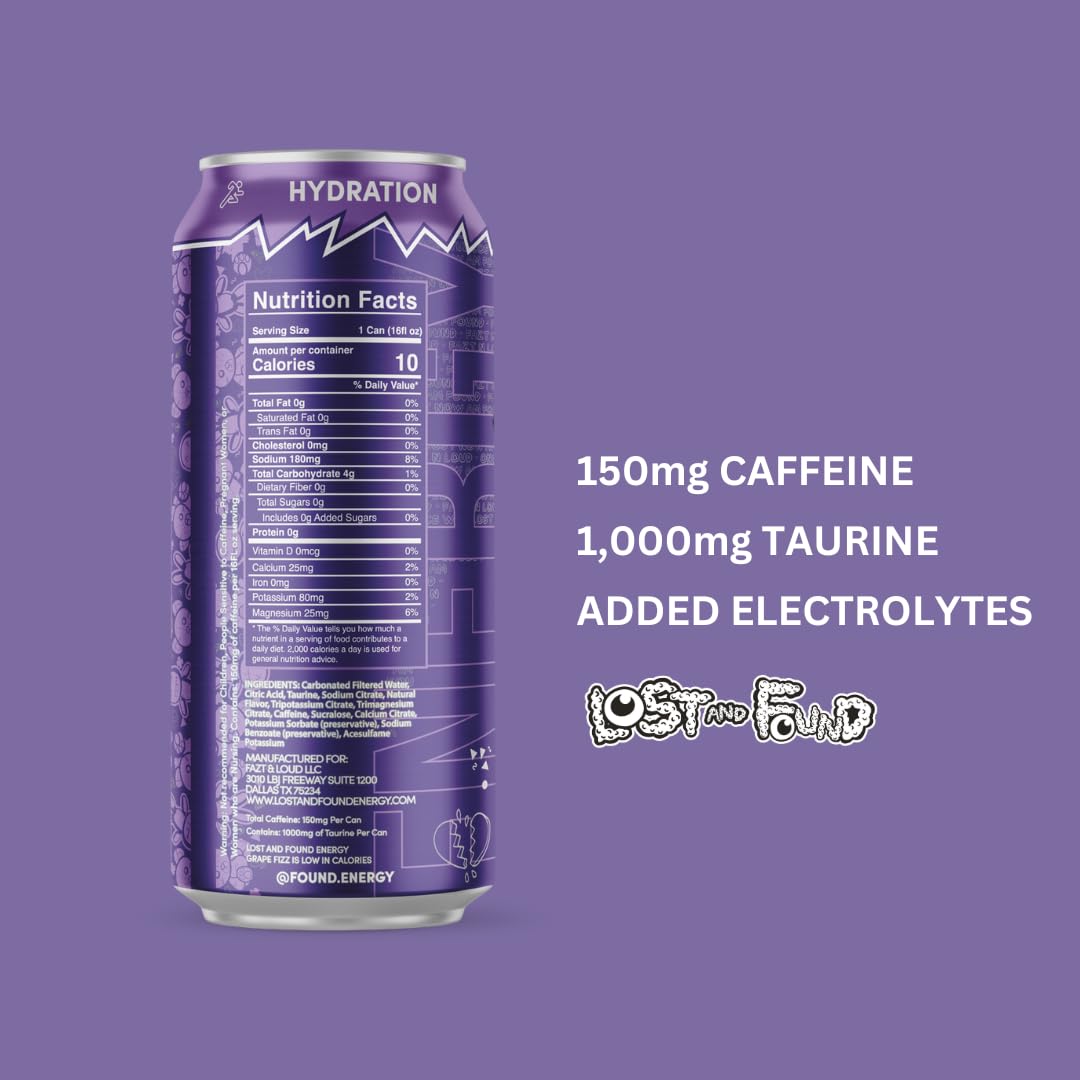 Lost and Found Sugar-Free Energy Drink, 150mg Caffeine, Vegan (12-Pack, 16oz)