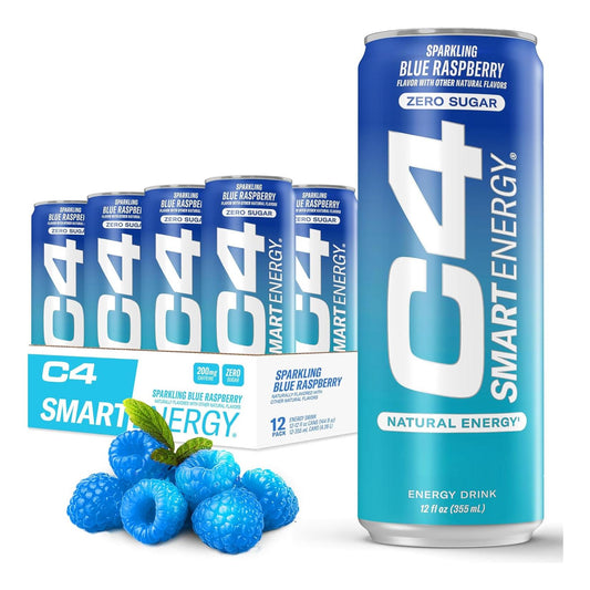 Cellucor C4 Smart Energy Drink for Focus & Energy, Zero Sugar - Blue Raspberry (12oz, Pack of 12)