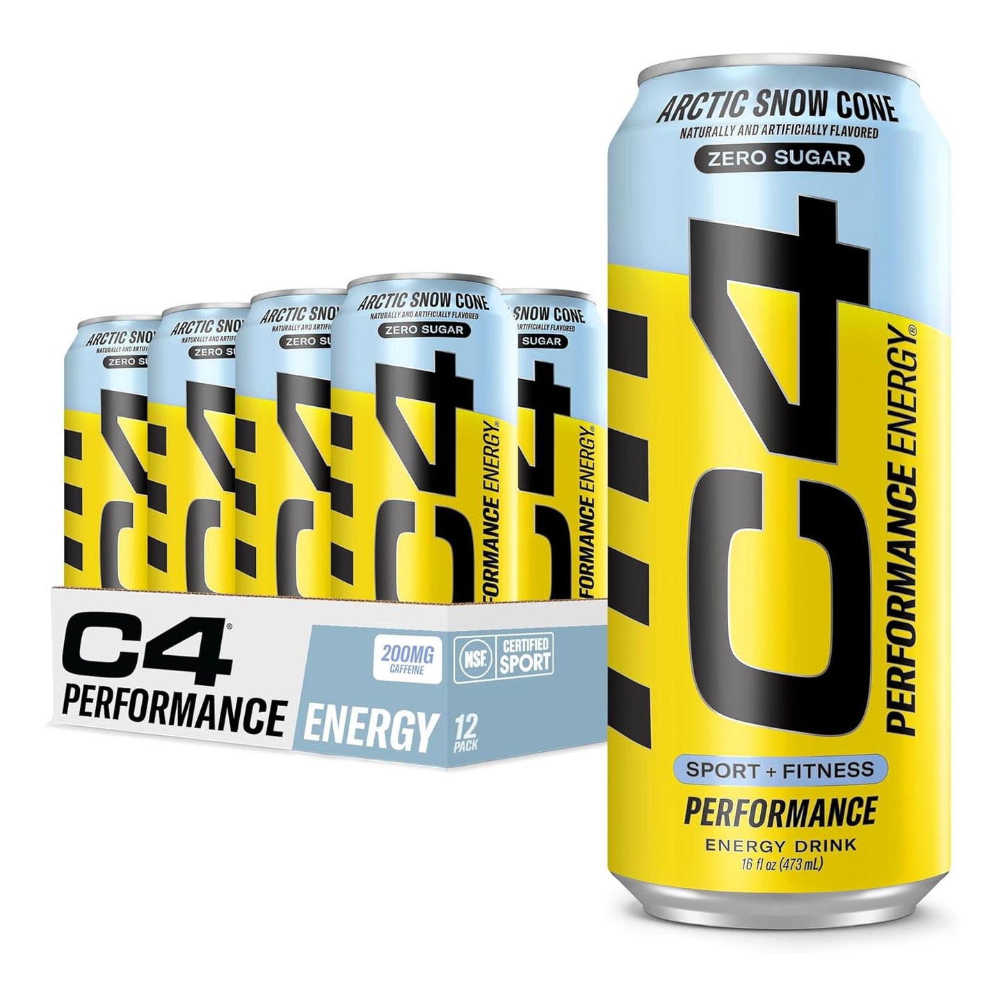Cellucor C4 Performance Energy Drink, Artic Snow Cone, Zero Sugar, 200mg Caffeine (16 Fl Oz, 12 Pack)