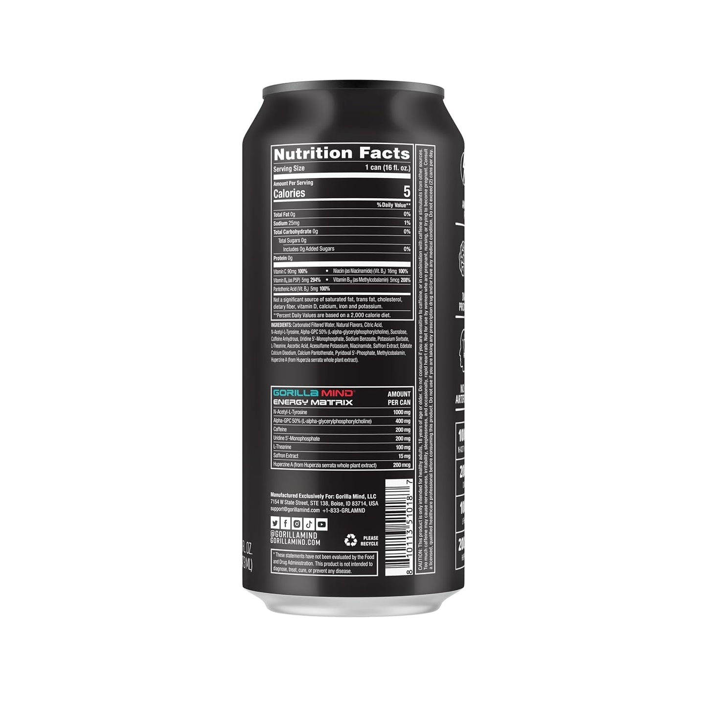 Gorilla Mind Energy Drink with Amplified Focus, Zero Sugar (Black Cherry Vanilla, 16oz, 12-Pack)