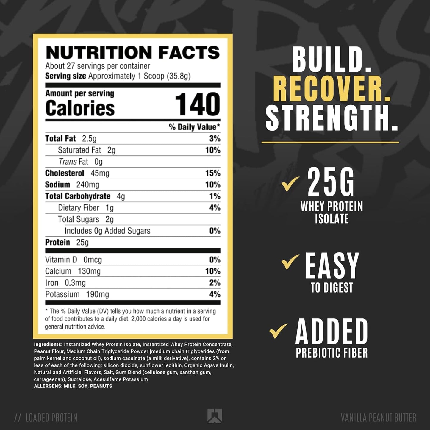 Ryse Loaded Protein Powder with Prebiotic Fiber & MCTs, Low Carb & Sugar - Vanilla Peanut Butter (27 Servings)