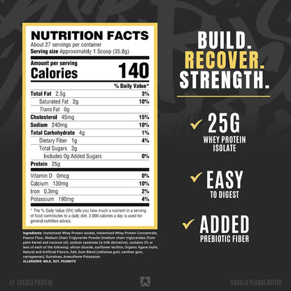 Ryse Loaded Protein Powder with Prebiotic Fiber & MCTs, Low Carb & Sugar - Vanilla Peanut Butter (27 Servings)
