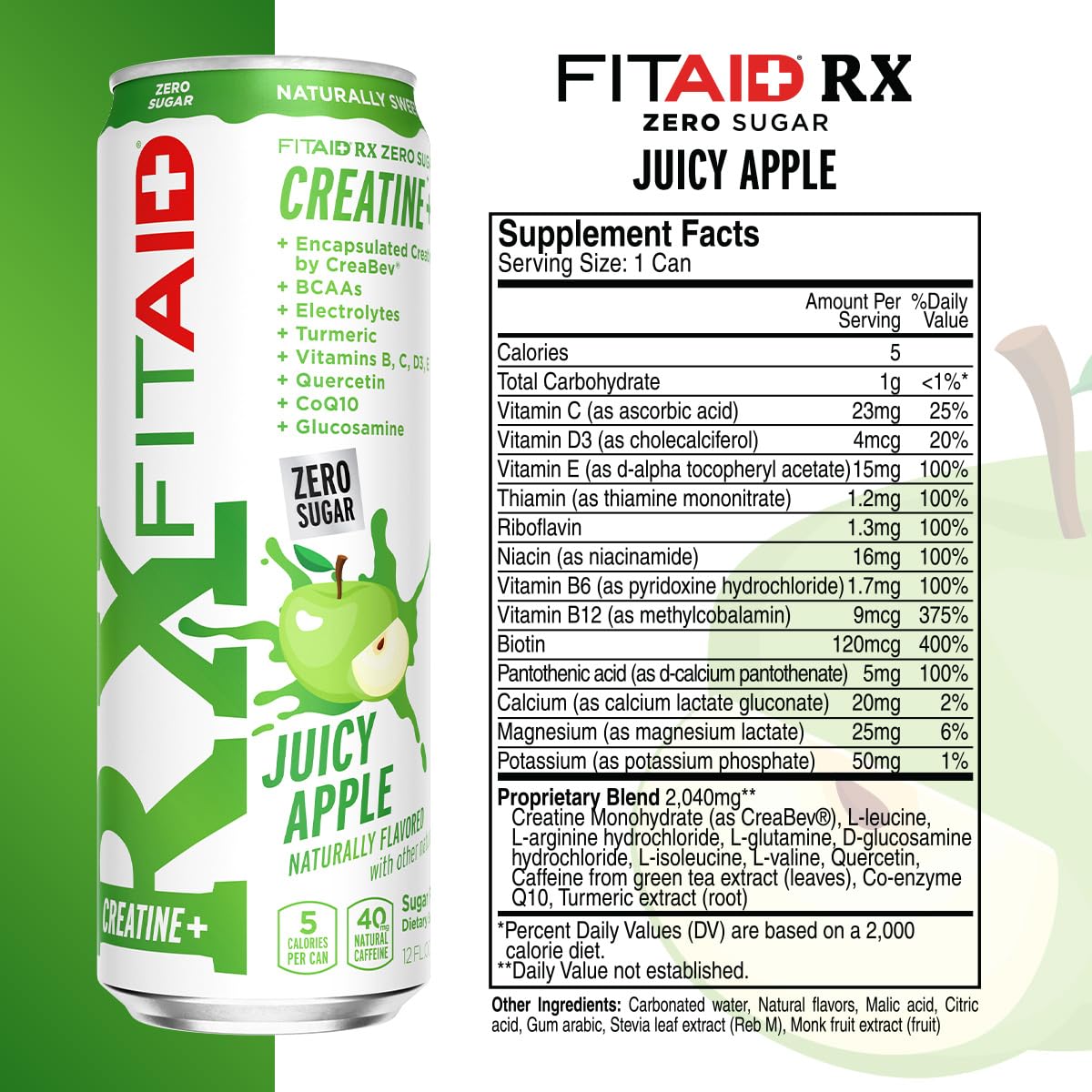 FITAID RX Zero Sugar Workout Recovery Drink, Juicy Apple (12 Fl Oz, Pack of 12)