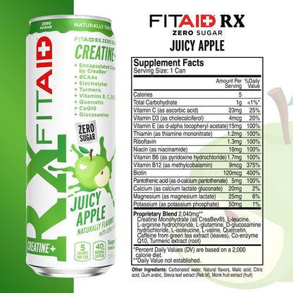 FITAID RX Zero Sugar Workout Recovery Drink, Juicy Apple (12 Fl Oz, Pack of 12)