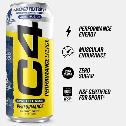Cellucor C4 Mango Foxtrot Energy Drink, Zero Sugar, 200mg Caffeine (16oz, 12 Pack)