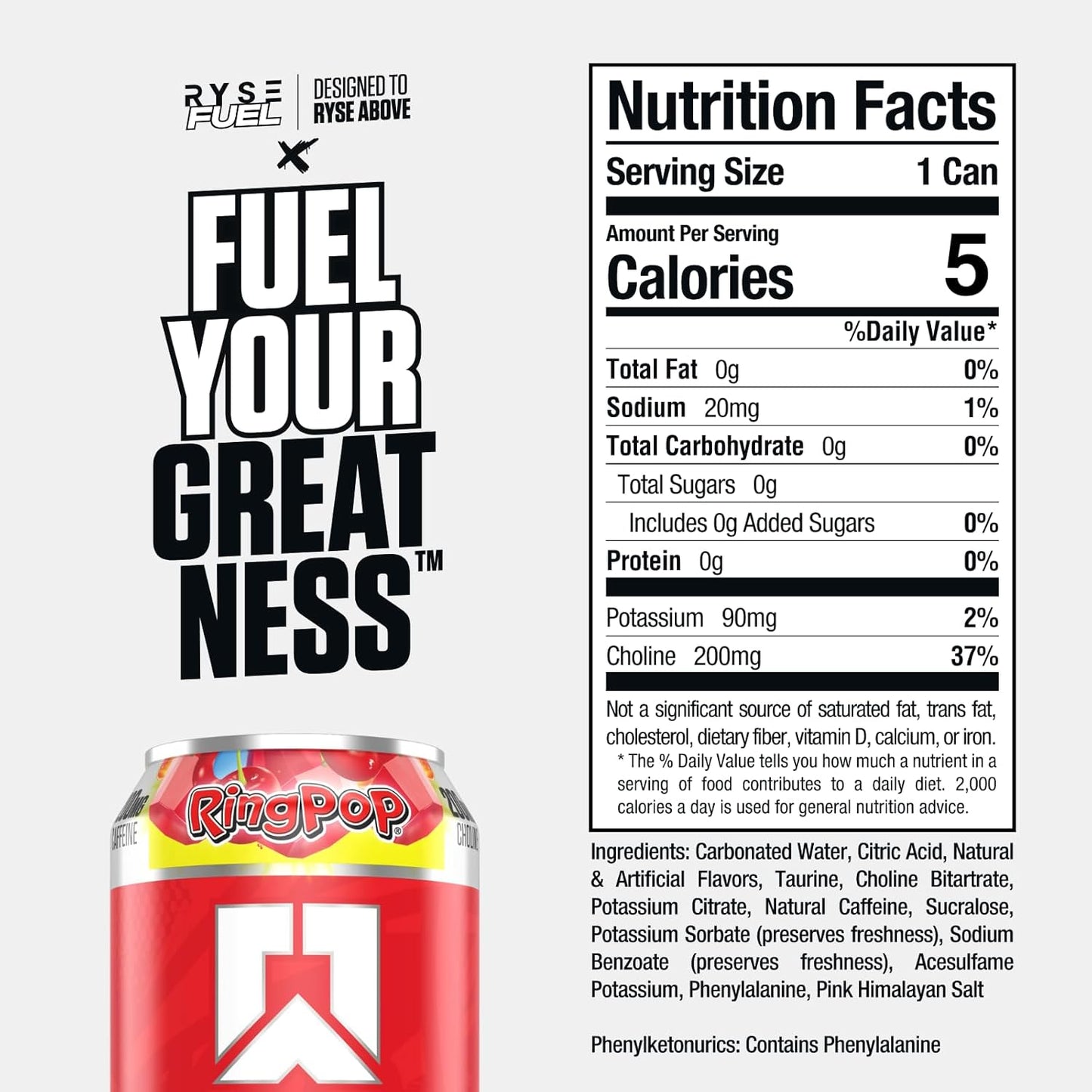 RYSE Fuel Sugar-Free Energy Drink, Vegan, 200mg Caffeine (12 Pack, Cherry)