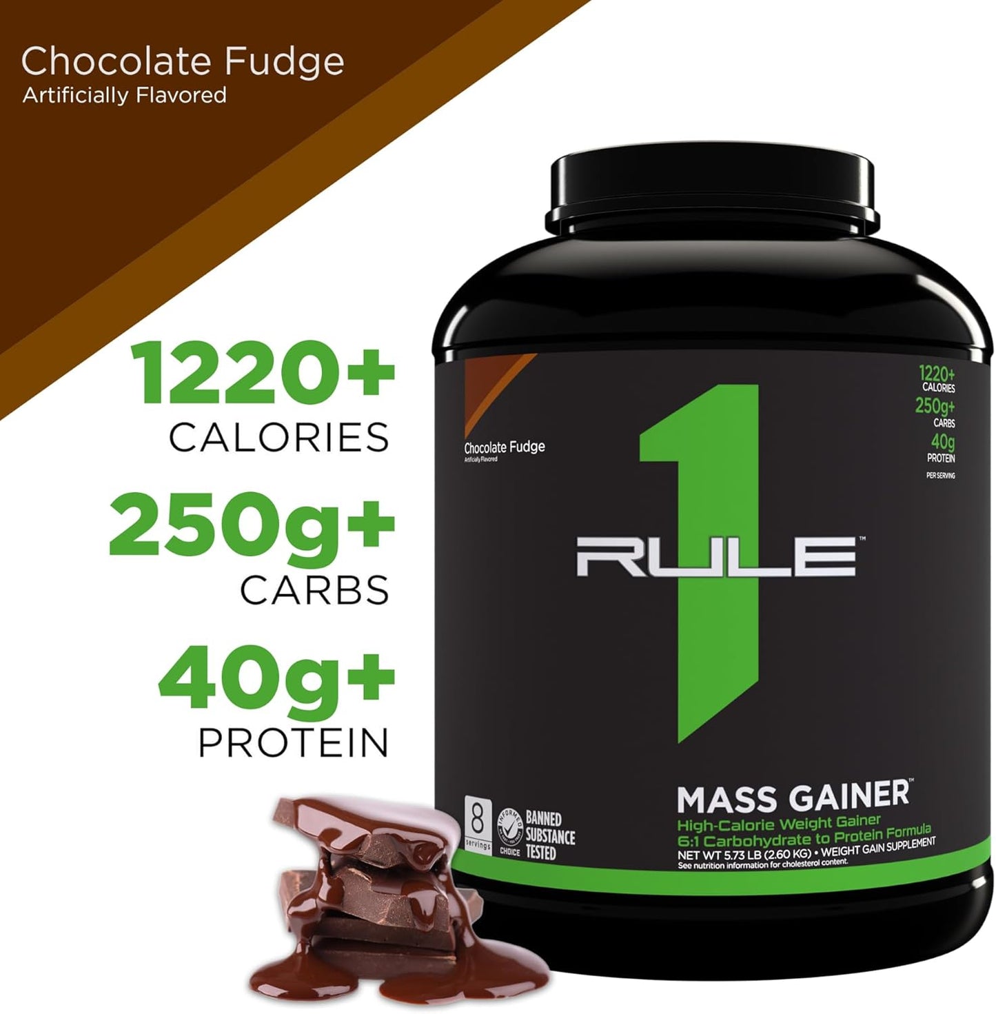 Rule One Mass Gainer - Chocolate Fudge, 1220 Cal, 40g Protein (6 lbs, 8 Servings)