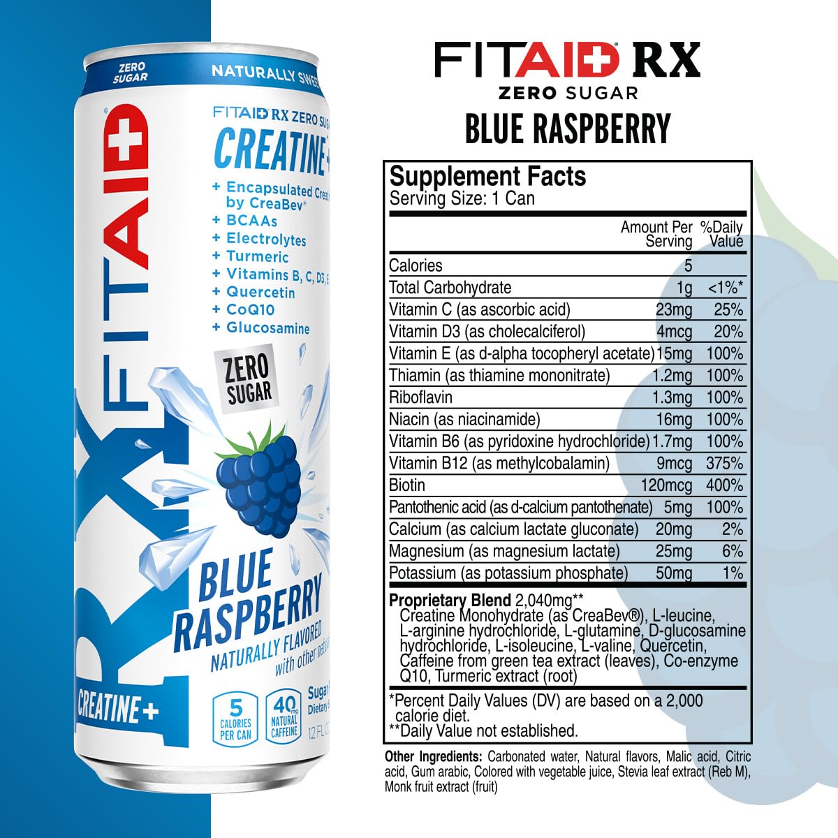 FITAID RX Zero Sugar Workout Recovery Drink, Blue Raspberry (12 Fl Oz, 12 Pack)