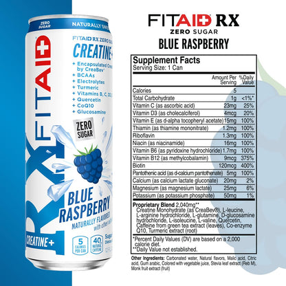 FITAID RX Zero Sugar Workout Recovery Drink, Blue Raspberry (12 Fl Oz, 12 Pack)