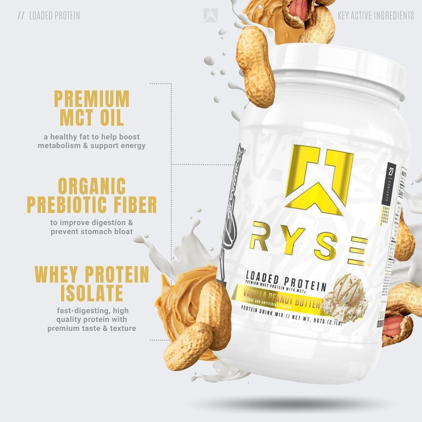 Ryse Loaded Protein Powder with Prebiotic Fiber & MCTs, Low Carb & Sugar - Vanilla Peanut Butter (27 Servings)