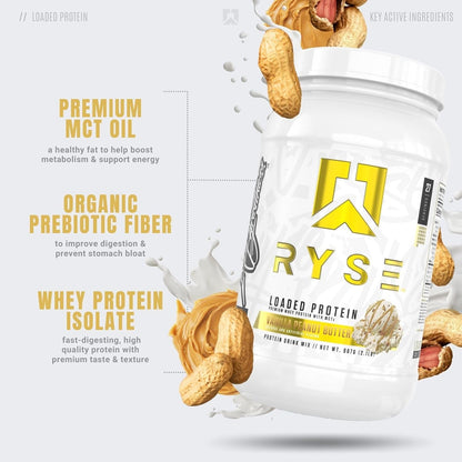 Ryse Loaded Protein Powder with Prebiotic Fiber & MCTs, Low Carb & Sugar - Vanilla Peanut Butter (27 Servings)