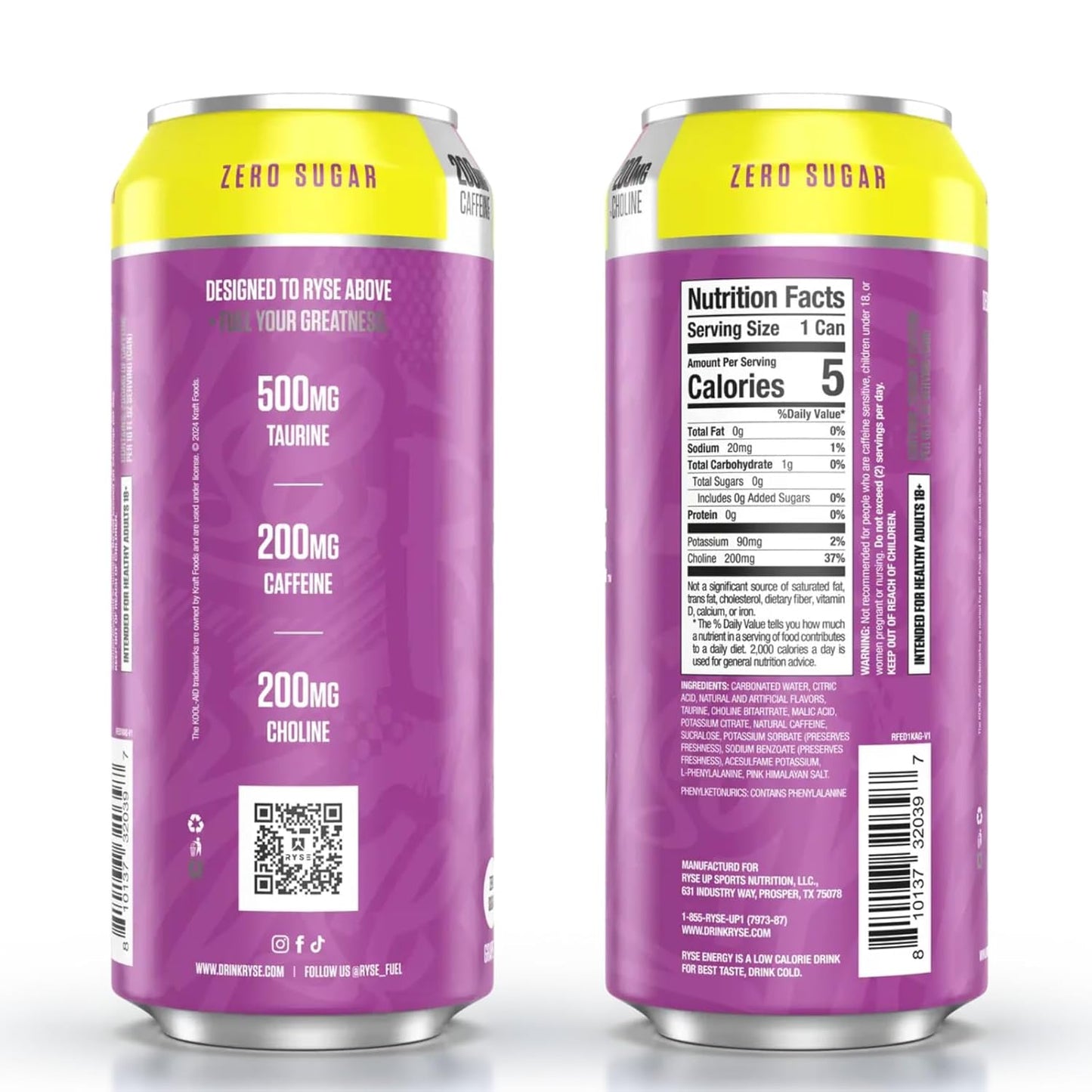 RYSE Fuel Sugar-Free Energy Drink, Vegan & Gluten-Free (12 Pack, Kool Aid Grape)