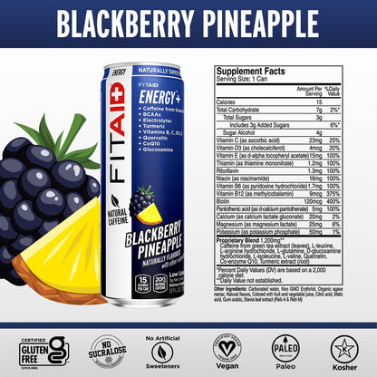 FITAID ENERGY Blackberry Pineapple, 200mg Caffeine, Keto, 12oz (12 Pack)