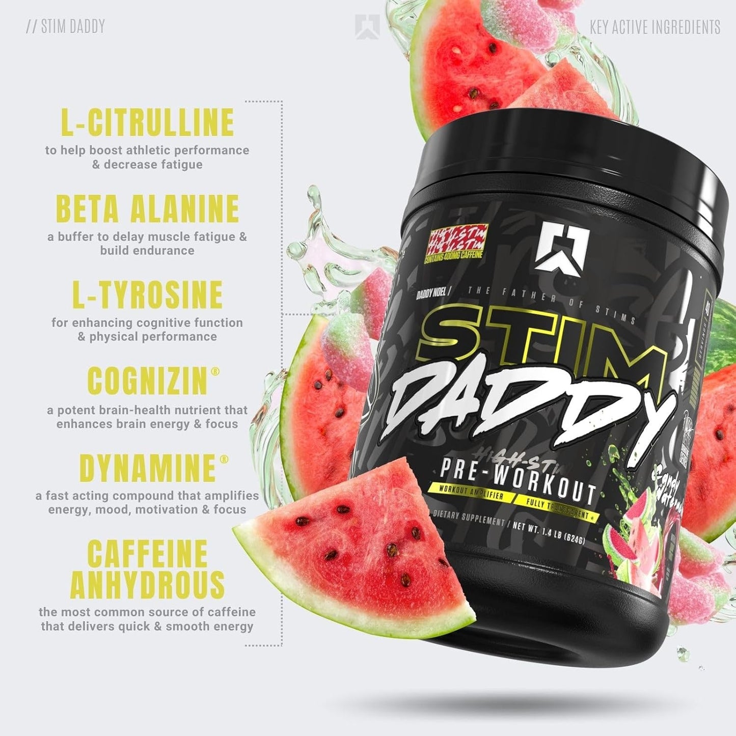 RYSE Stim Daddy High Stimulant Pre Workout, 400mg Caffeine (40 Servings, Candy Watermelon)