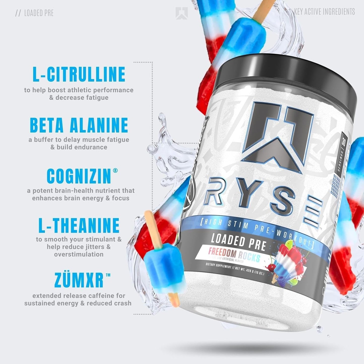 Ryse Loaded Pre Workout - Pumps, Energy, Focus (30 Servings, Freedom Rocks)