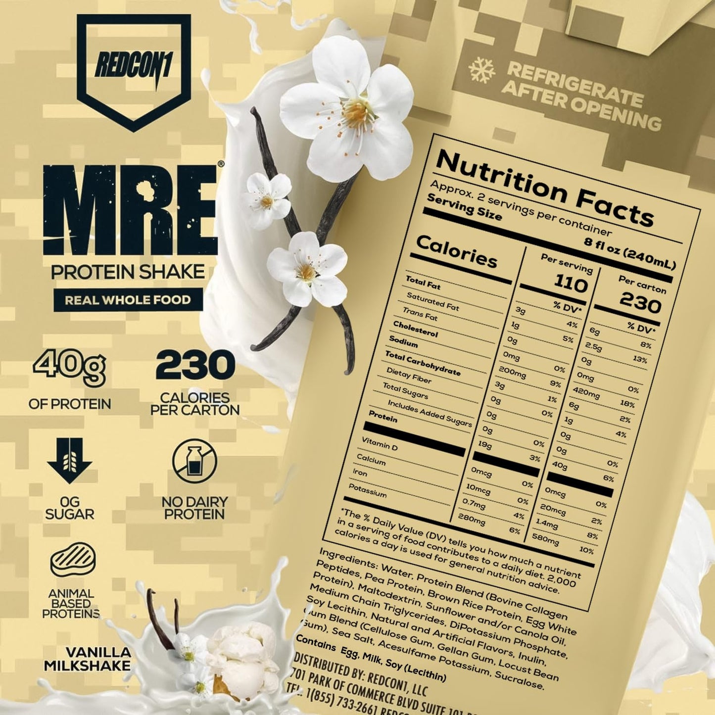 REDCON1 MRE Vanilla Milkshake Protein Shakes - Sugar Free (12 Pack)