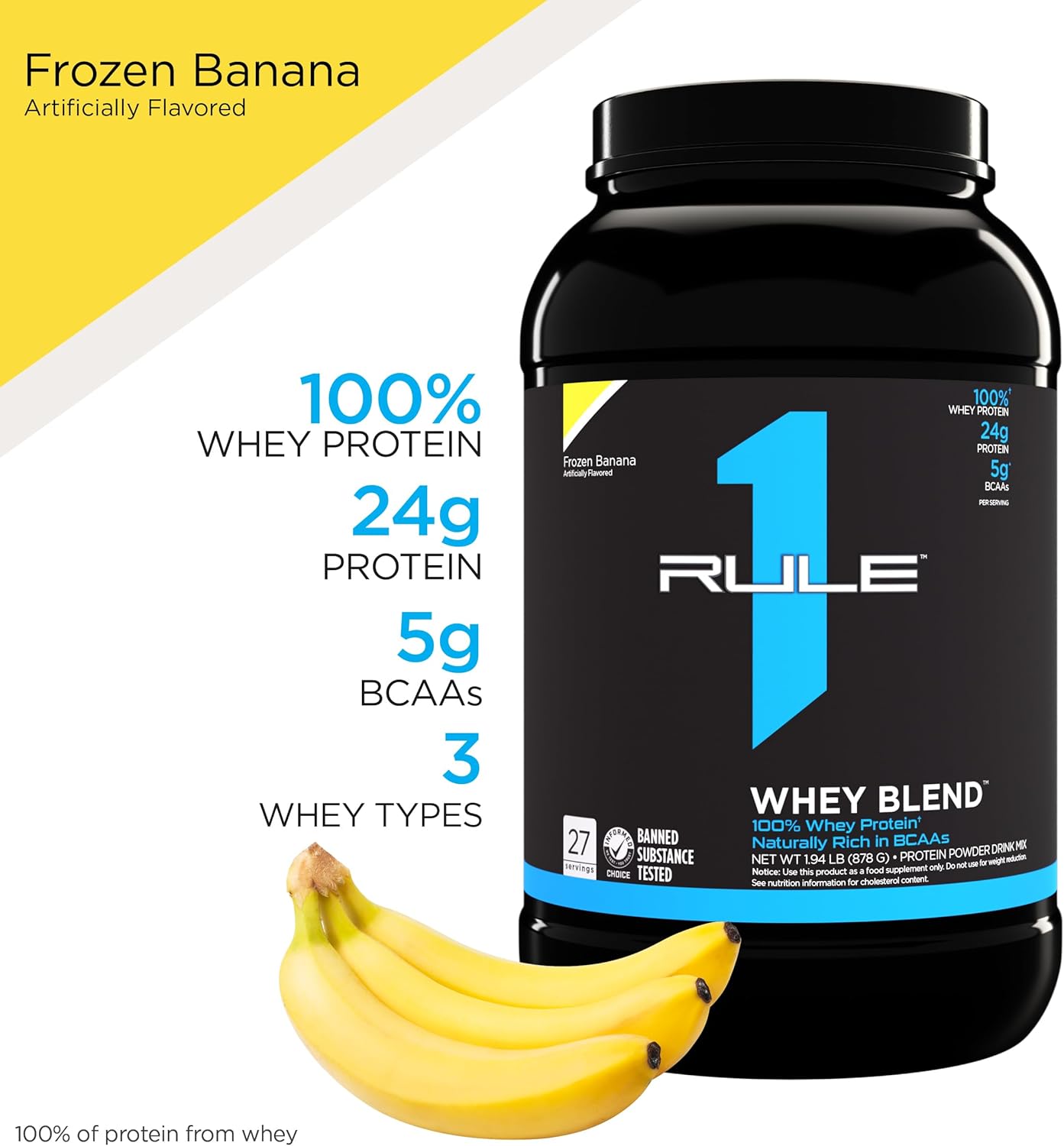 Rule One Proteins Whey Blend, Frozen Banana, 24g Protein with EAAs & BCAAs (2lbs)