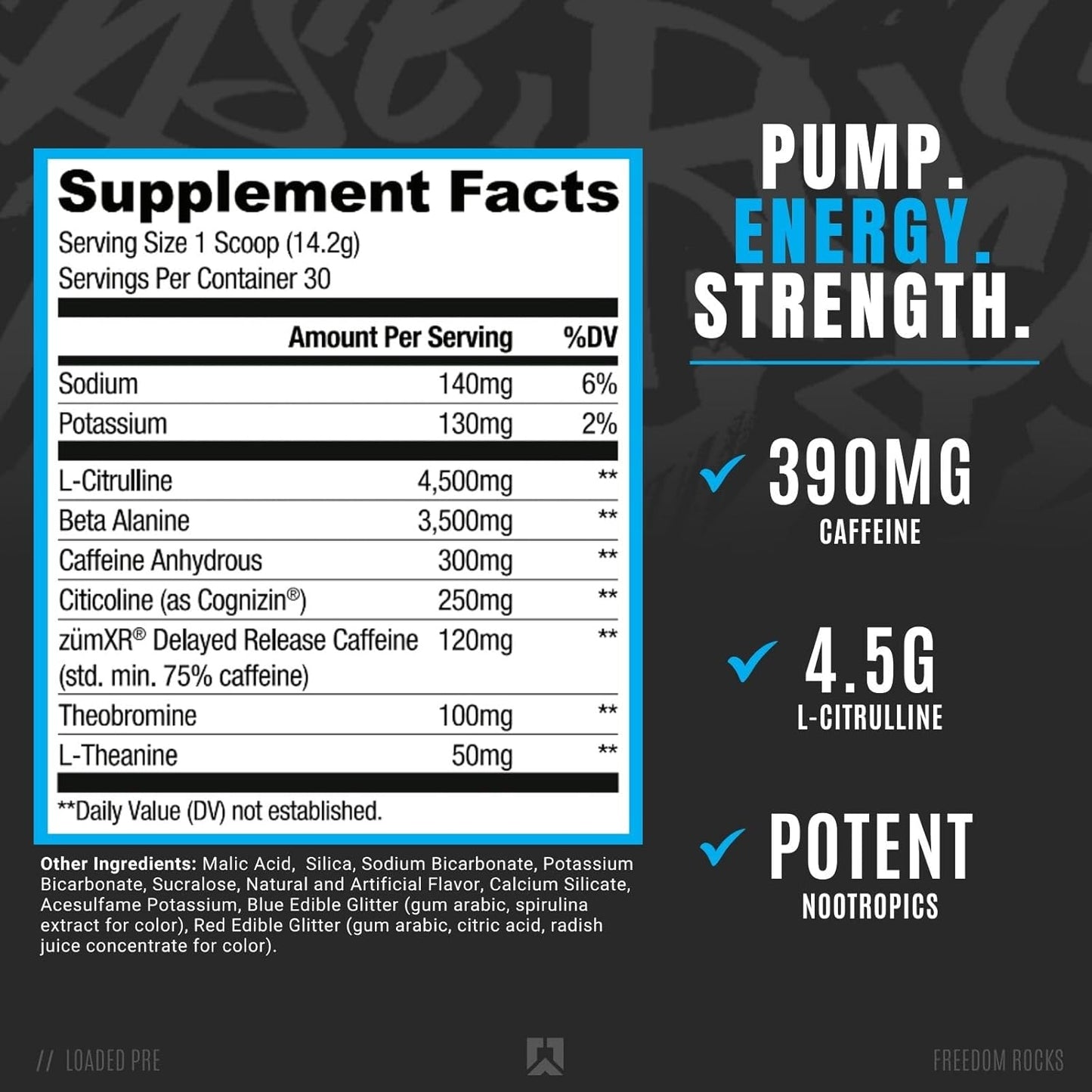 Ryse Loaded Pre Workout - Pumps, Energy, Focus (30 Servings, Freedom Rocks)