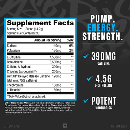 Ryse Loaded Pre Workout - Pumps, Energy, Focus (30 Servings, Freedom Rocks)