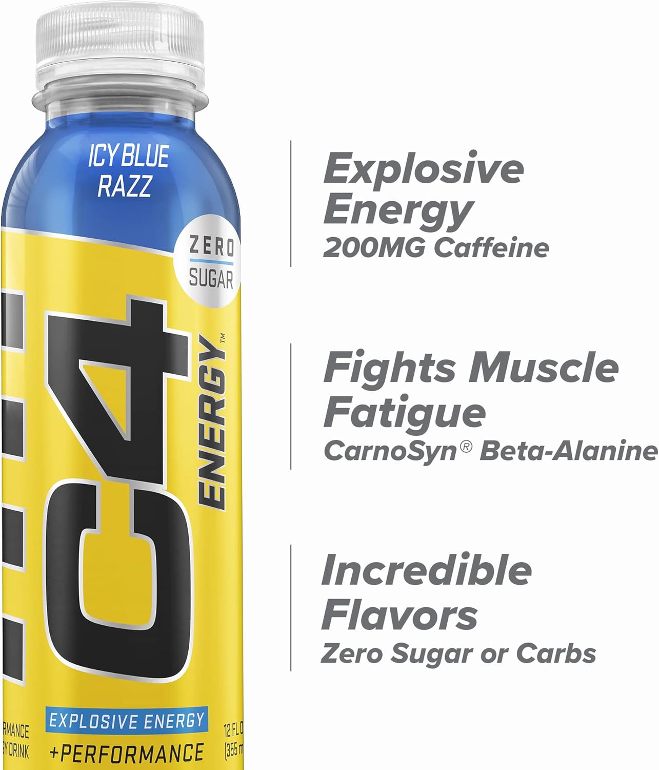 Cellucor C4 Energy Drink, Zero Sugar, Icy Blue Razz (12 Fl Oz, Pack of 12)