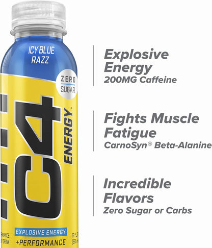 Cellucor C4 Energy Drink, Zero Sugar, Icy Blue Razz (12 Fl Oz, Pack of 12)