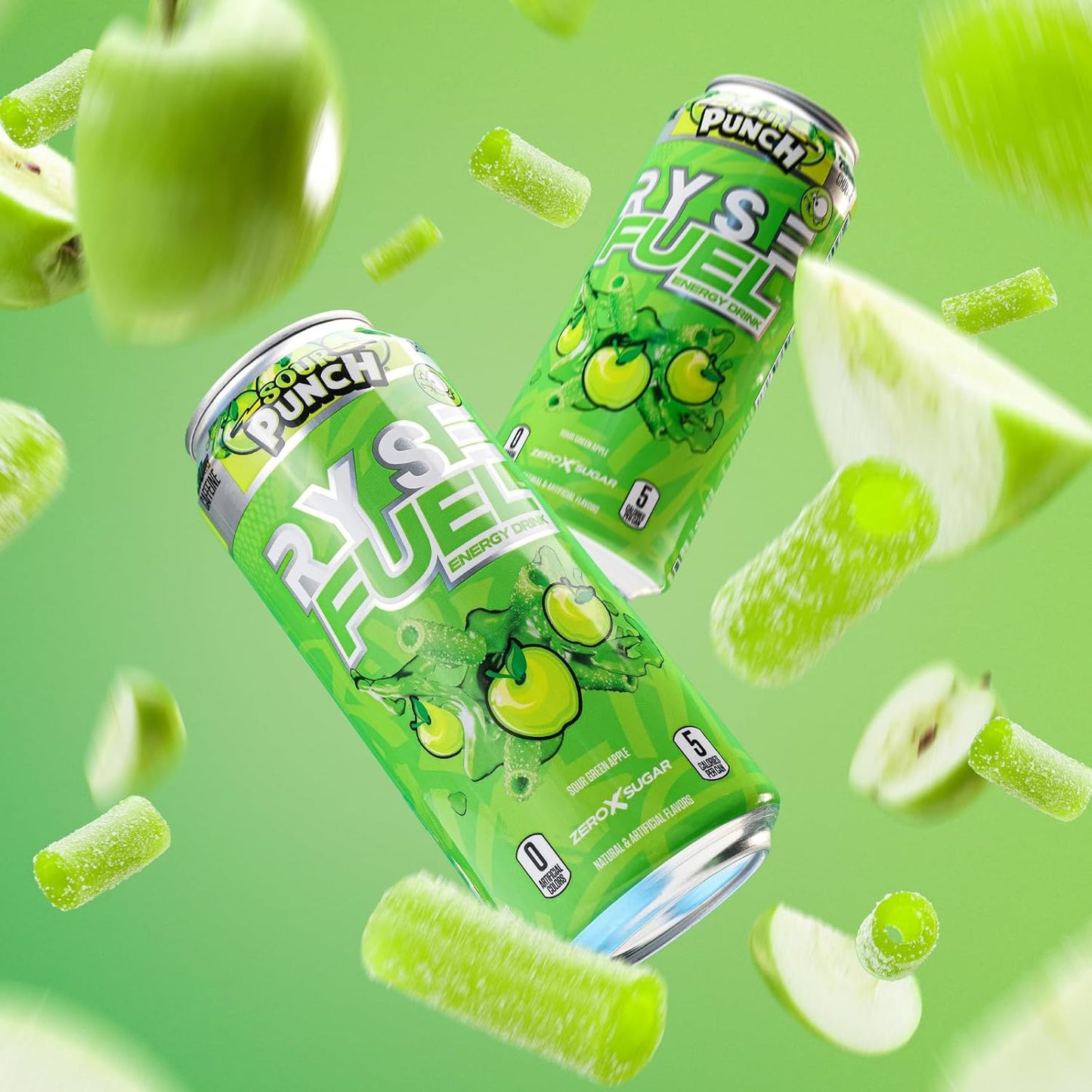 RYSE Fuel Sugar-Free Energy Drink, Vegan, Gluten-Free, Low Calorie, No Artificial Colors (Sour Punch Green Apple, 12 Pack)