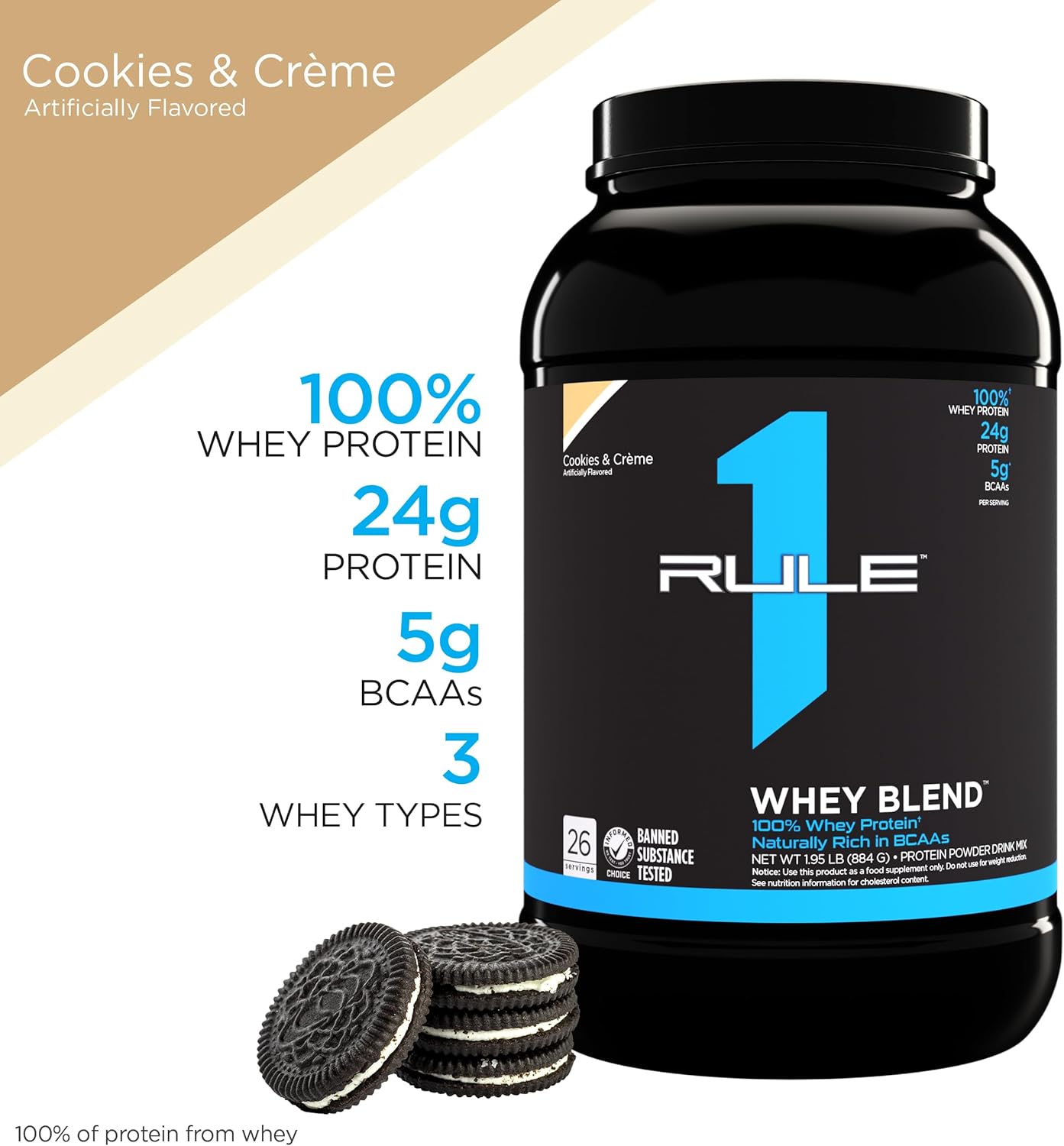Rule One Proteins Whey Blend, Cookies & Crème, 24g Protein/Serving (2lbs)