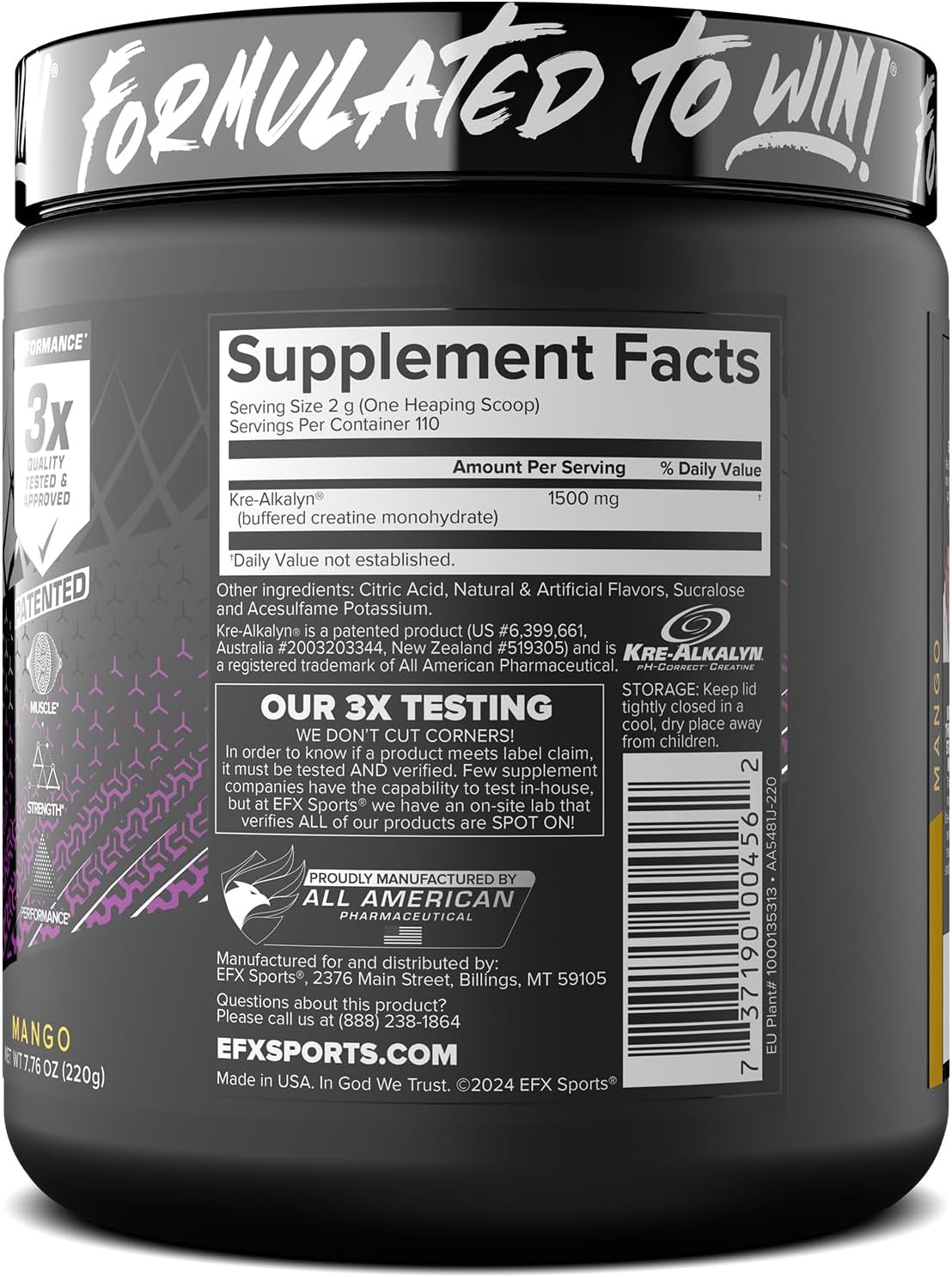 EFX Sports Kre-Alkalyn Creatine Powder for Strength & Performance (Mango, 110 Servings)
