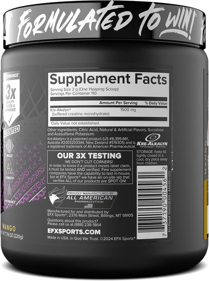 EFX Sports Kre-Alkalyn Creatine Powder for Strength & Performance (Mango, 110 Servings)