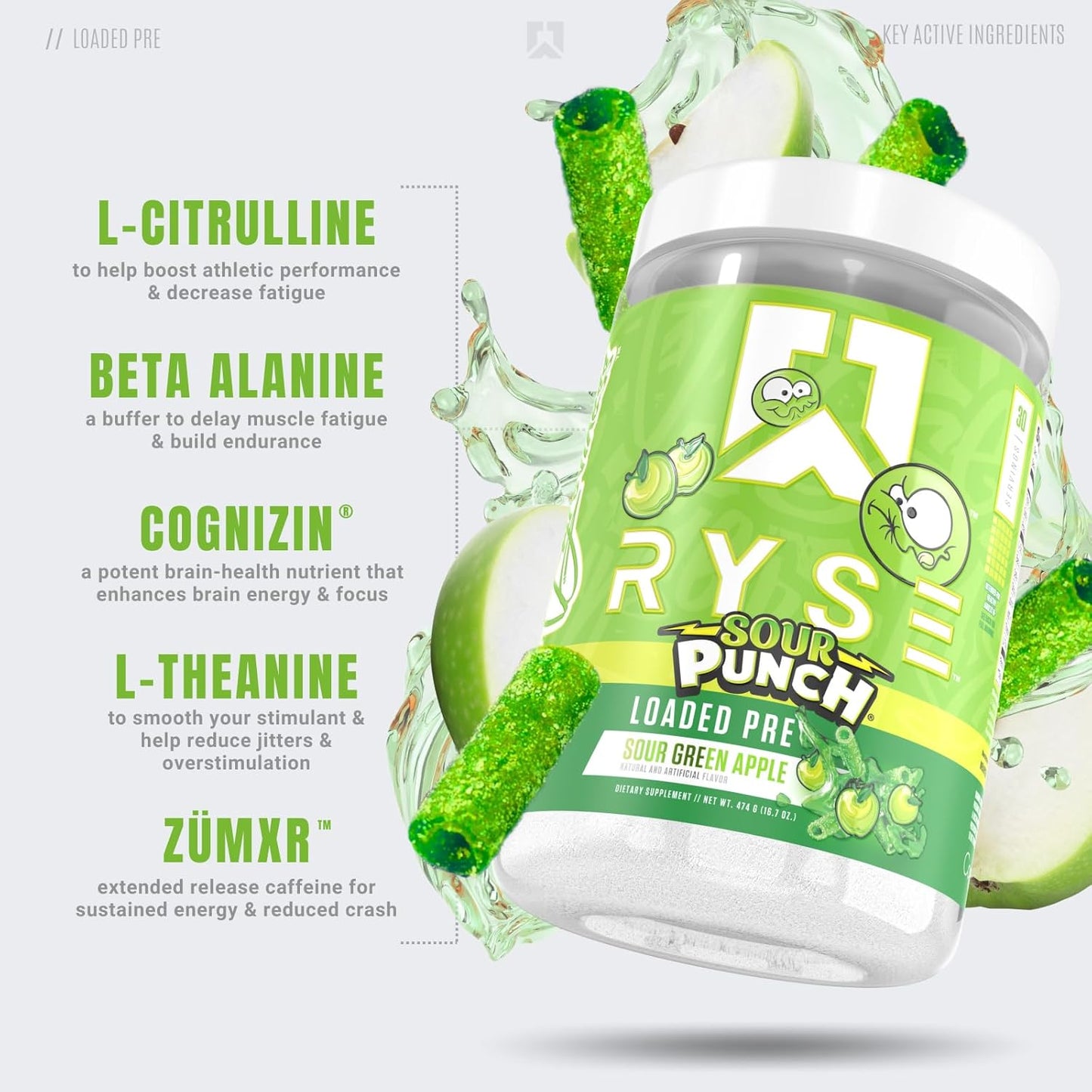 Ryse Pre-Workout Powder for Men & Women with Pumps, Energy, Focus (30 Servings, Sour Punch Green Apple)