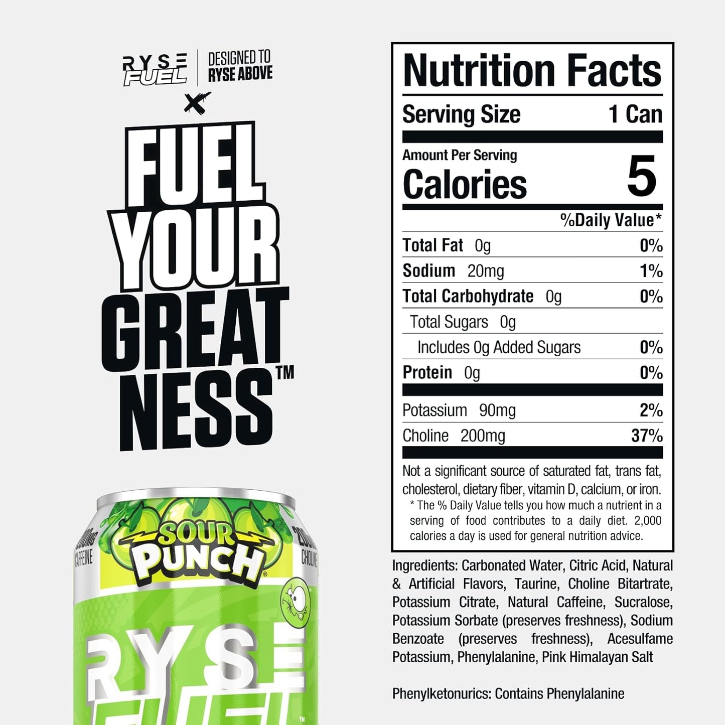 RYSE Fuel Sugar-Free Energy Drink, Vegan, Gluten-Free, Low Calorie, No Artificial Colors (Sour Punch Green Apple, 12 Pack)