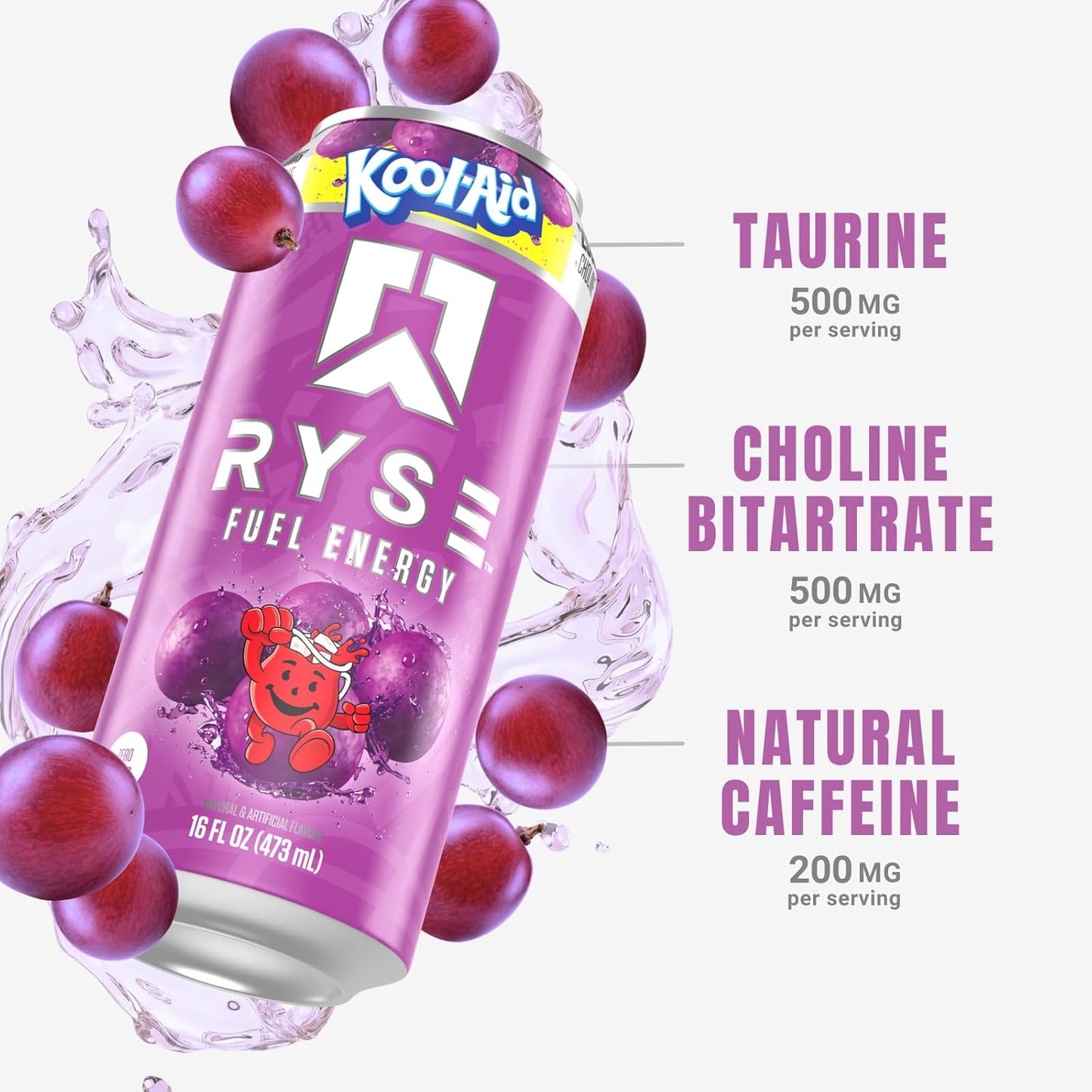 RYSE Fuel Sugar-Free Energy Drink, Vegan & Gluten-Free (12 Pack, Kool Aid Grape)