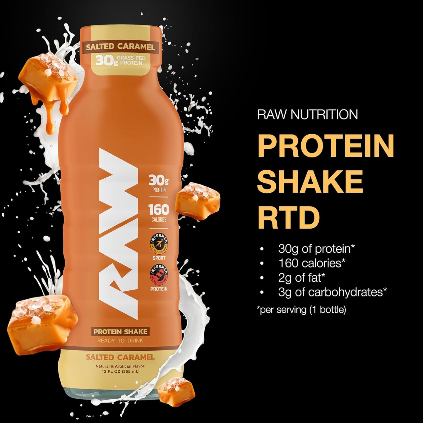 RAW Salted Caramel Protein Shake, Grass-Fed Whey, Zero Sugar (12 Fl Oz)