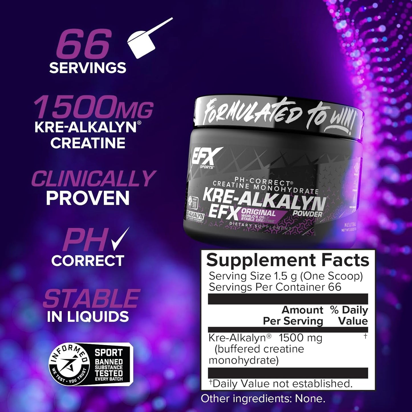 EFX Kre-Alkalyn Creatine Powder for Strength & Muscle Growth (66 Servings)