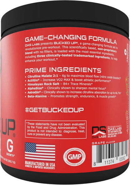 Bucked Up Pre Workout - Citrulline, Beta Alanine, 3 Patented Ingredients (Grape)