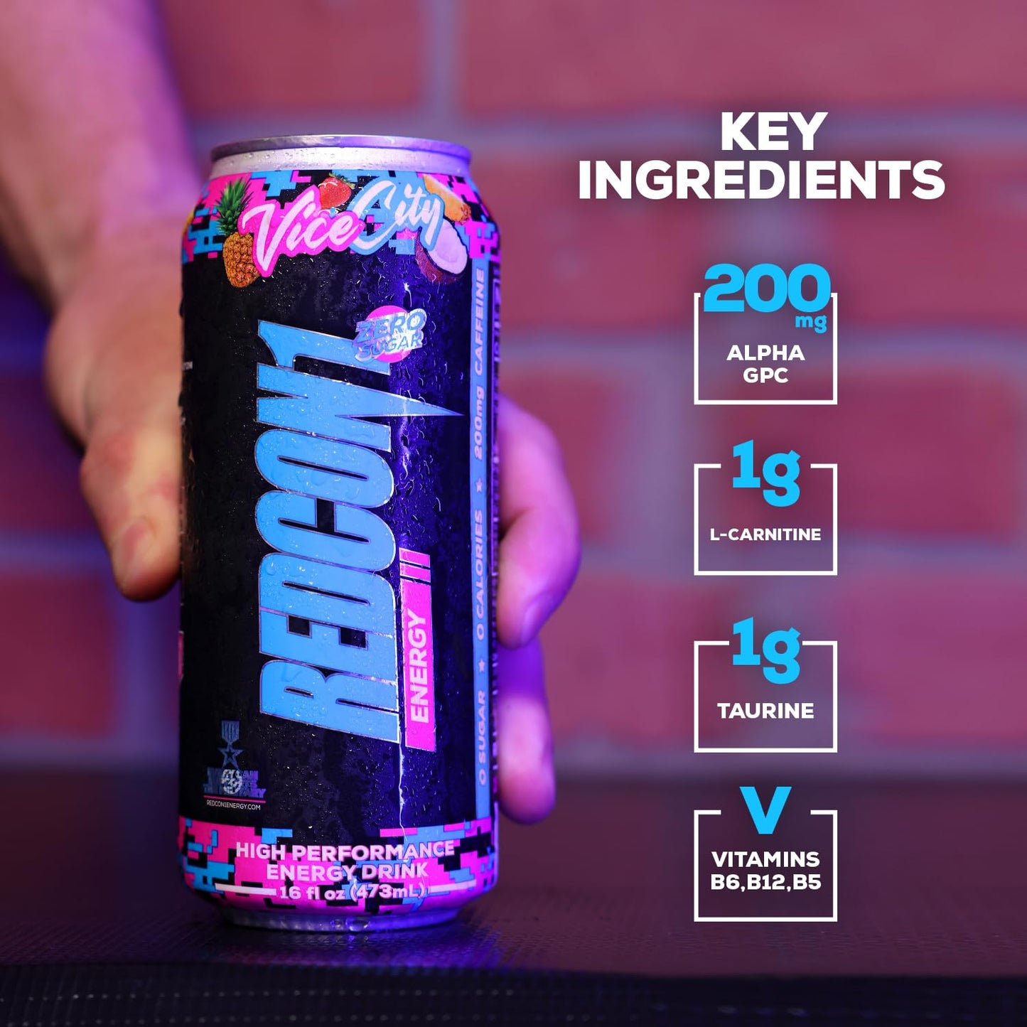 REDCON1 Vice City Zero Sugar Energy Drink, 200mg Caffeine, Nootropic (12ct)