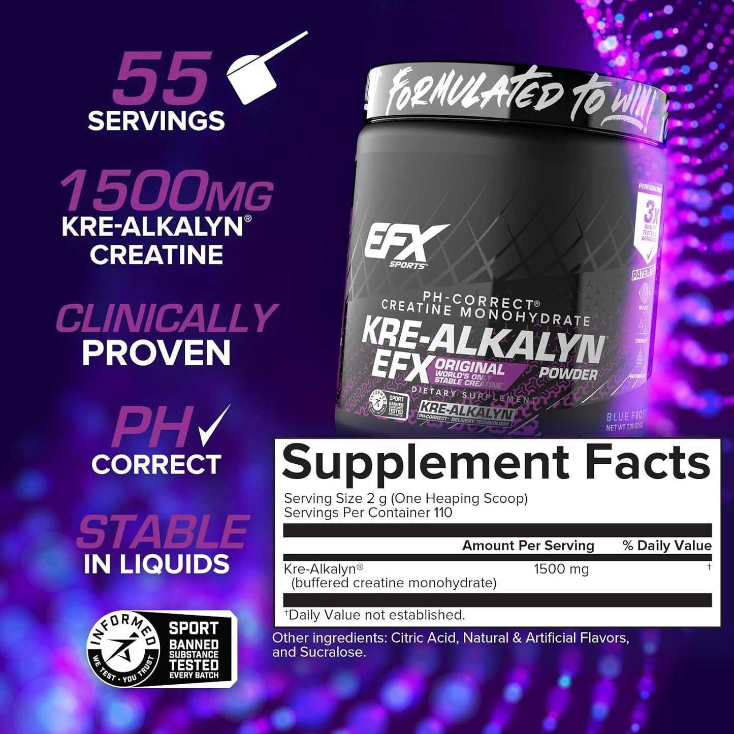 EFX Sports Kre-Alkalyn Creatine Powder for Strength & Performance (110 Servings)