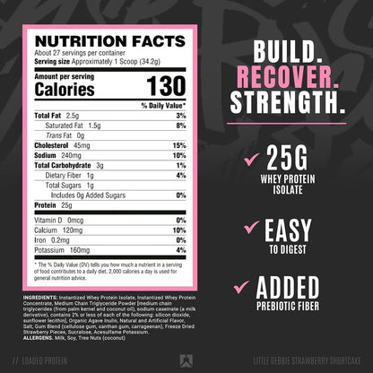 Ryse Loaded Protein Powder, 25g Whey, Prebiotics & MCTs (Strawberry, 27 Servings)